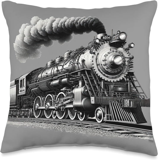 Vintage 1940s Style Steam Locomotive Railroad Throw Pillow