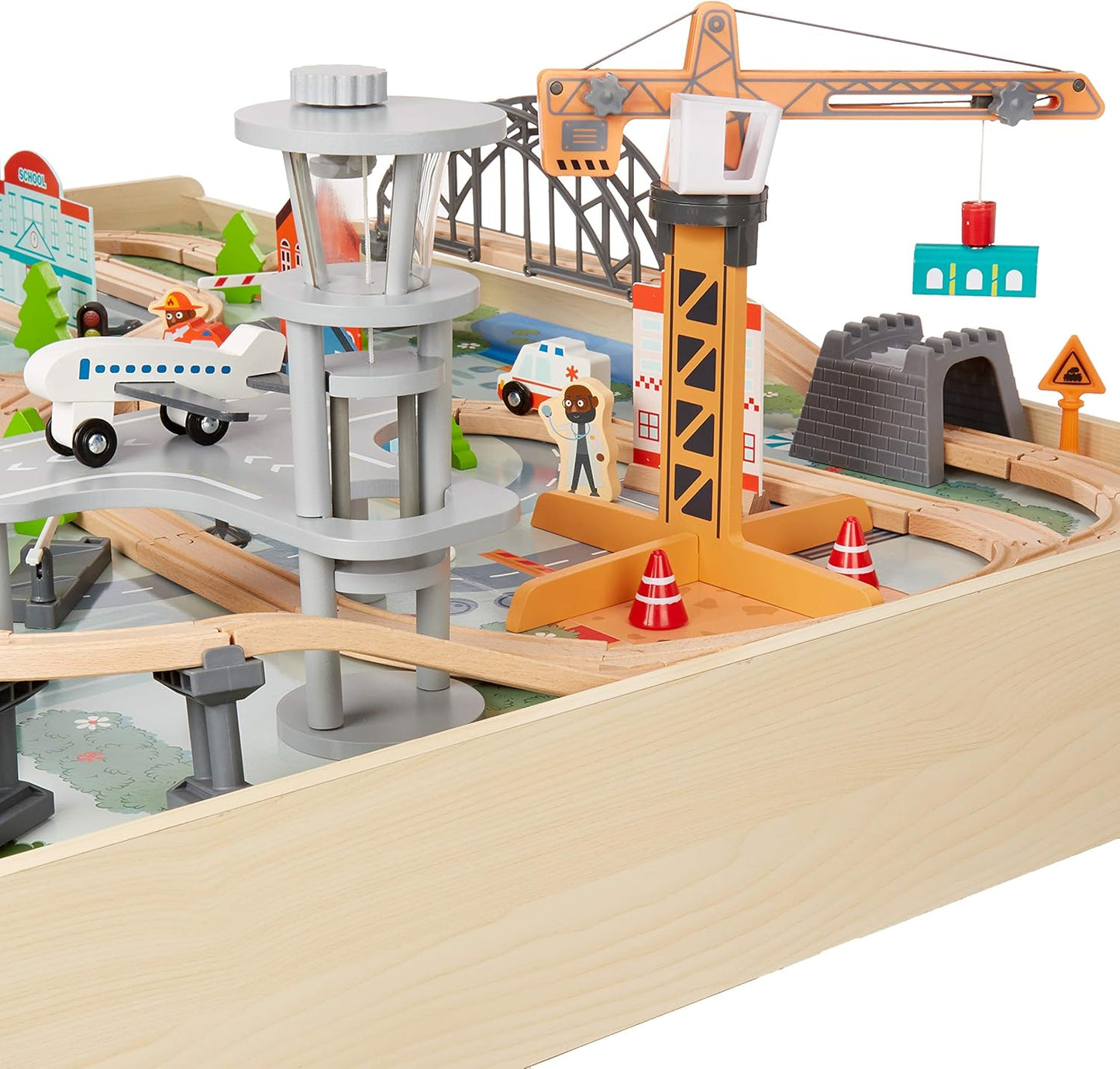Amazon Basics 120-Piece Wooden Train Set with Table, Durable Tracks, and Storage Bin - Multi-Activity Gift for Children Ages 3 and Up, Dimensions: 48.62 x 18.07 x 7.01 Inches