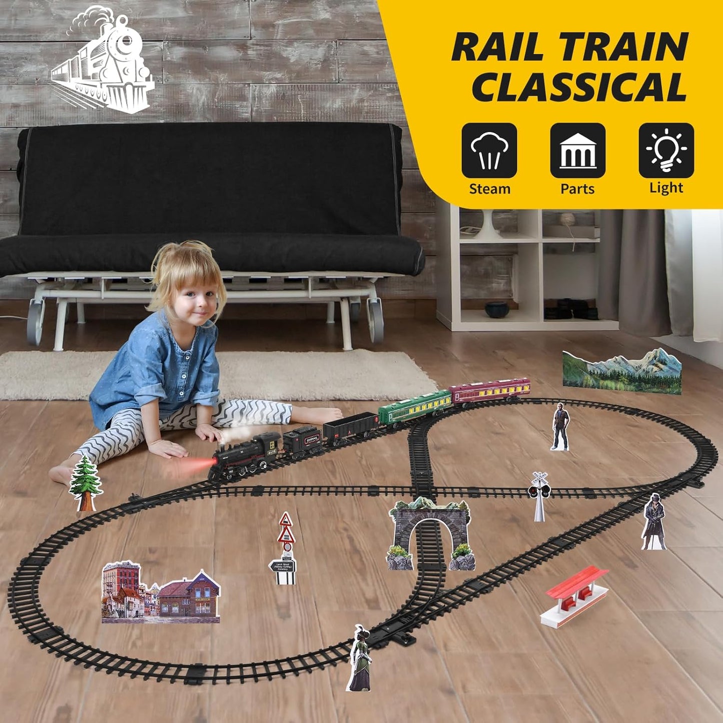 Electric Train Set for Children: Steam Locomotive with Coal Car, Passenger Coach, Cargo Car, Extended Tracks, and Features Smoke, Lights, and Sound - Battery-Powered Railway Kit for Boys and Girls