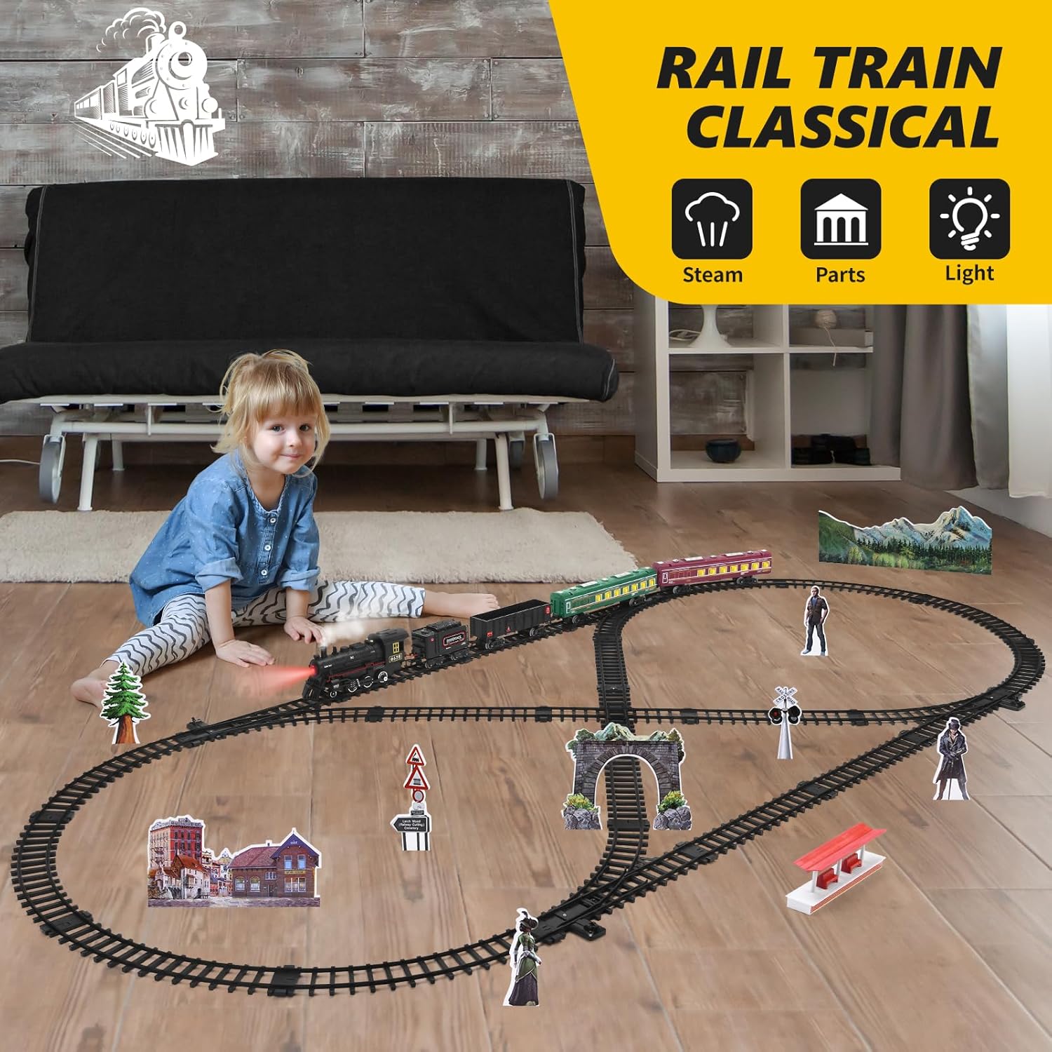 Electric Train Set for Children: Steam Locomotive with Coal Car, Passenger Coach, Cargo Car, Extended Tracks, and Features Smoke, Lights, and Sound - Battery-Powered Railway Kit for Boys and Girls