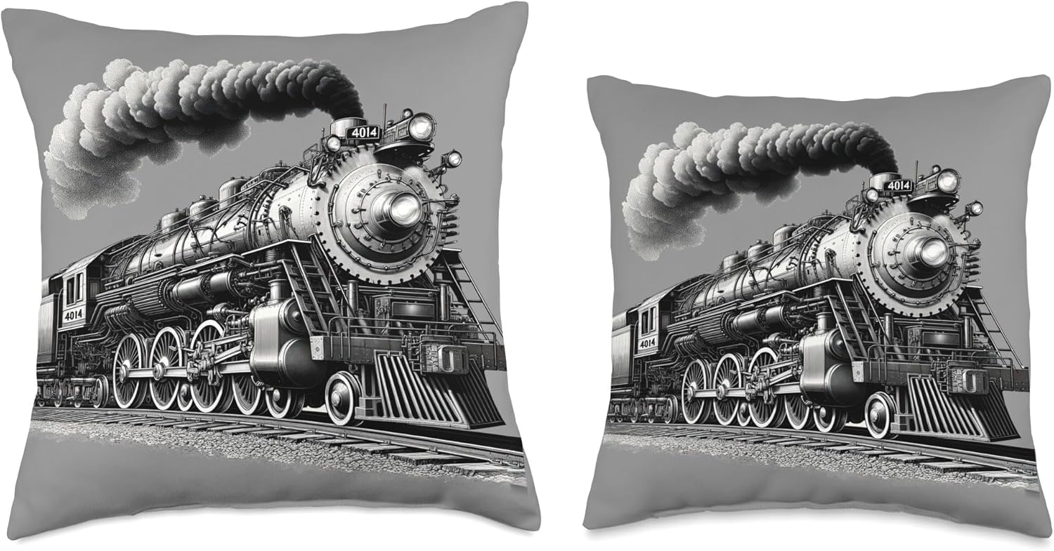 Vintage 1940s Style Steam Locomotive Railroad Throw Pillow
