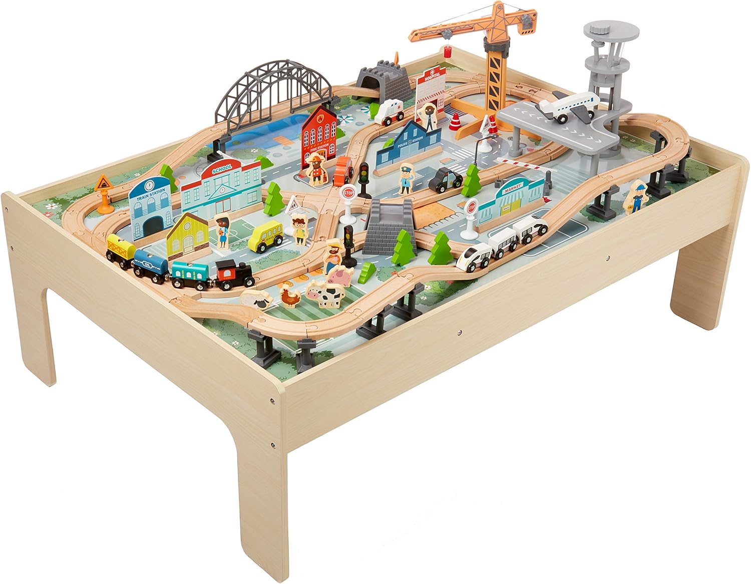 Amazon Basics 120-Piece Wooden Train Set with Table, Durable Tracks, and Storage Bin - Multi-Activity Gift for Children Ages 3 and Up, Dimensions: 48.62 x 18.07 x 7.01 Inches
