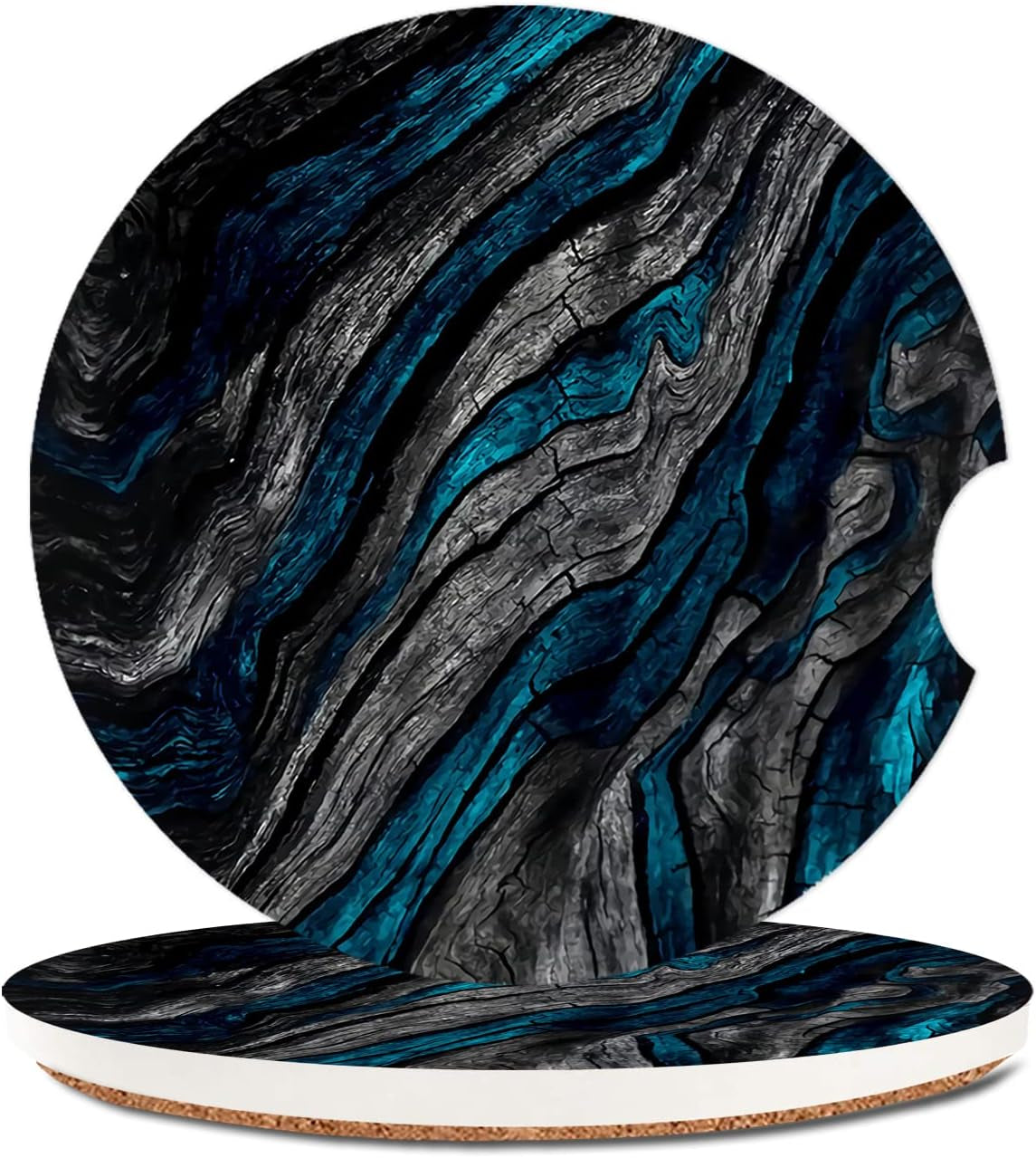 Absorbent Cowhide Car Coasters - Set of 2, Ceramic Stone Drink Holders with Finger Notch and Farm Animal Print Design