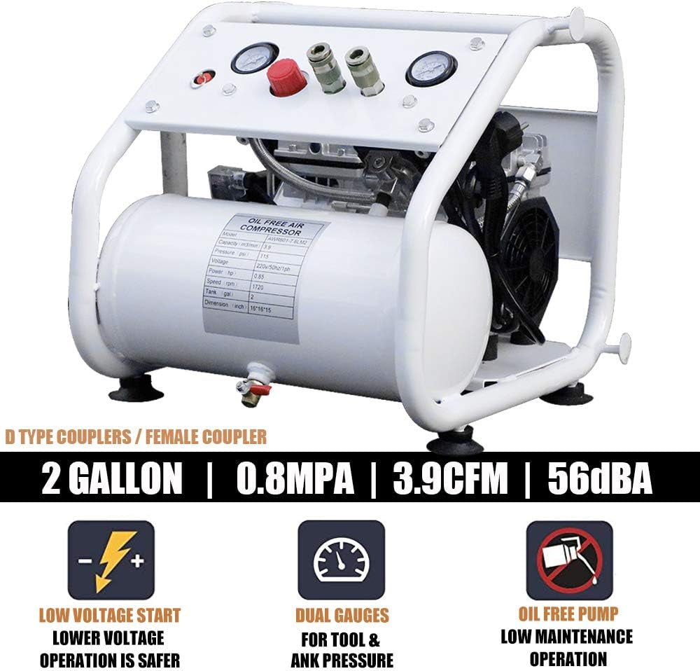 Professional Ultra Quiet Oil-Free Portable Air Compressor with Dual Outlet, 4 CFM at 125 PSI, 2 Gallon Tank, Lightweight Design (42 lbs), 110V/650W