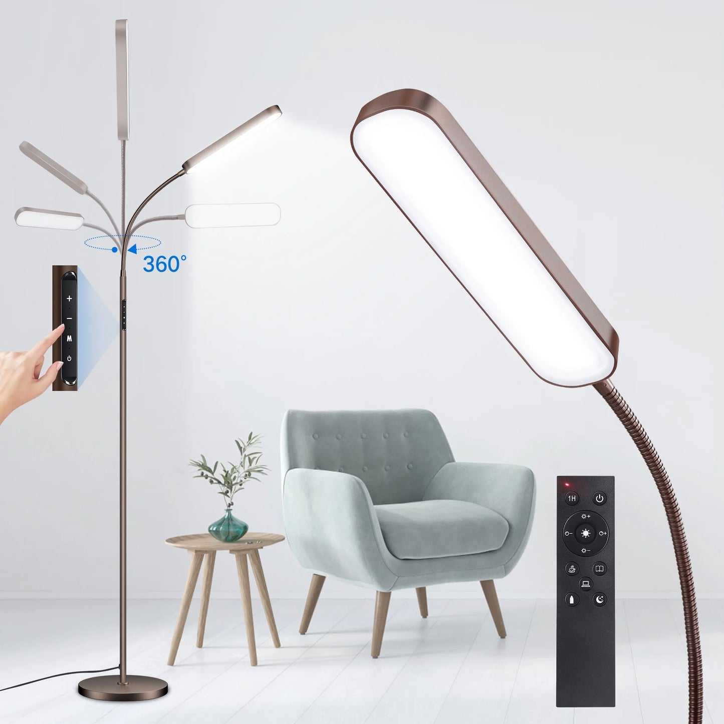 Elegant LED Floor Lamp with Remote and Touch Control - Versatile Reading Light with Adjustable Color Temperatures for Living Spaces (Brown)