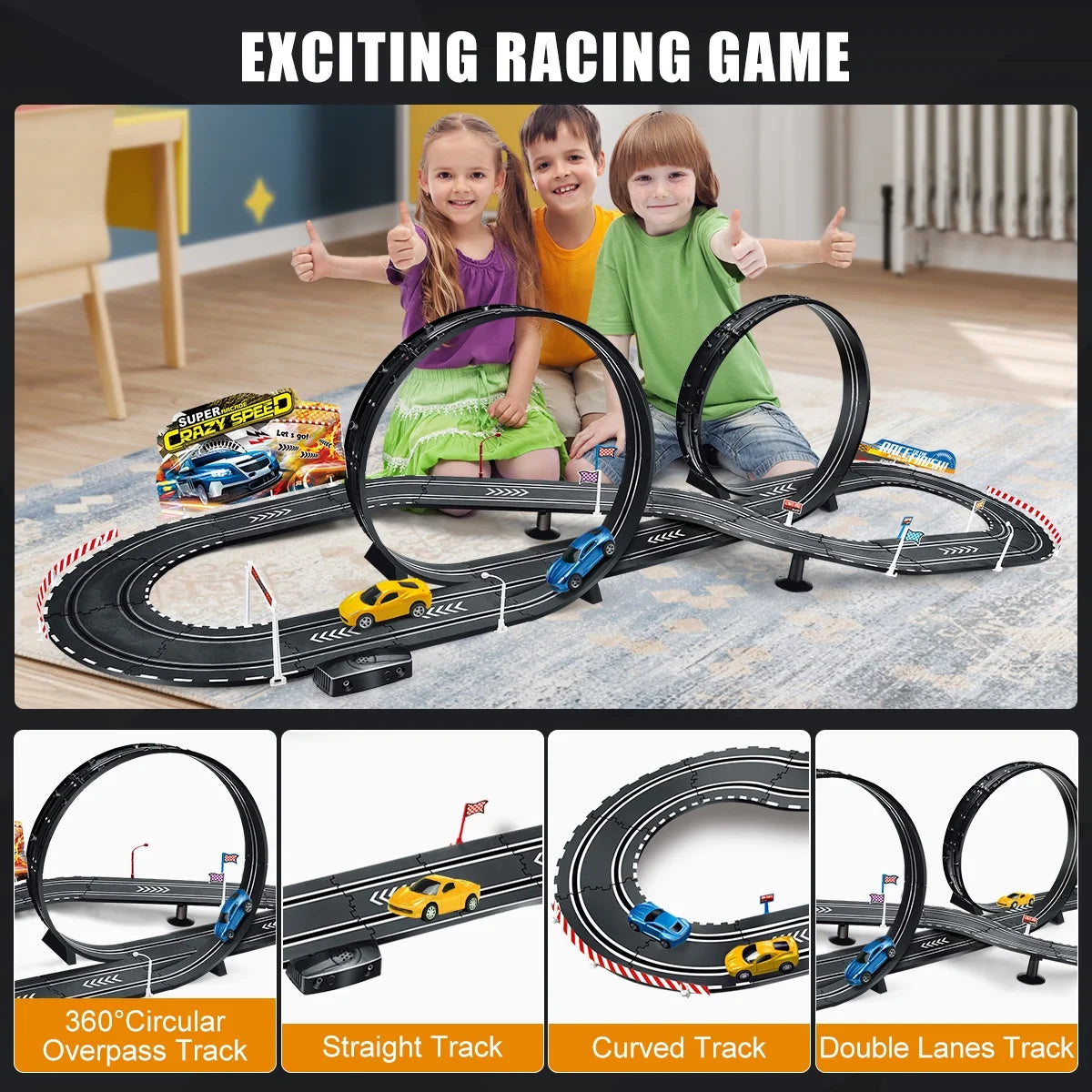 20-Foot Electric and Hand-Shake Slot Car Racing Track Set for Ages 4-12 - Dual Race Track with Cars for Boys and Girls