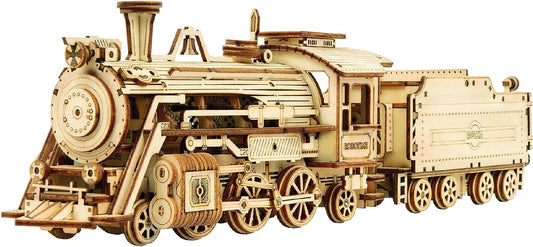 Prime Steam Express Train 3D Wooden Puzzle Model Kit - Educational STEM Toy for Adults and Teens - Safe, Non-Toxic Laser-Cut Wood MC501A at 1:80 Scale
