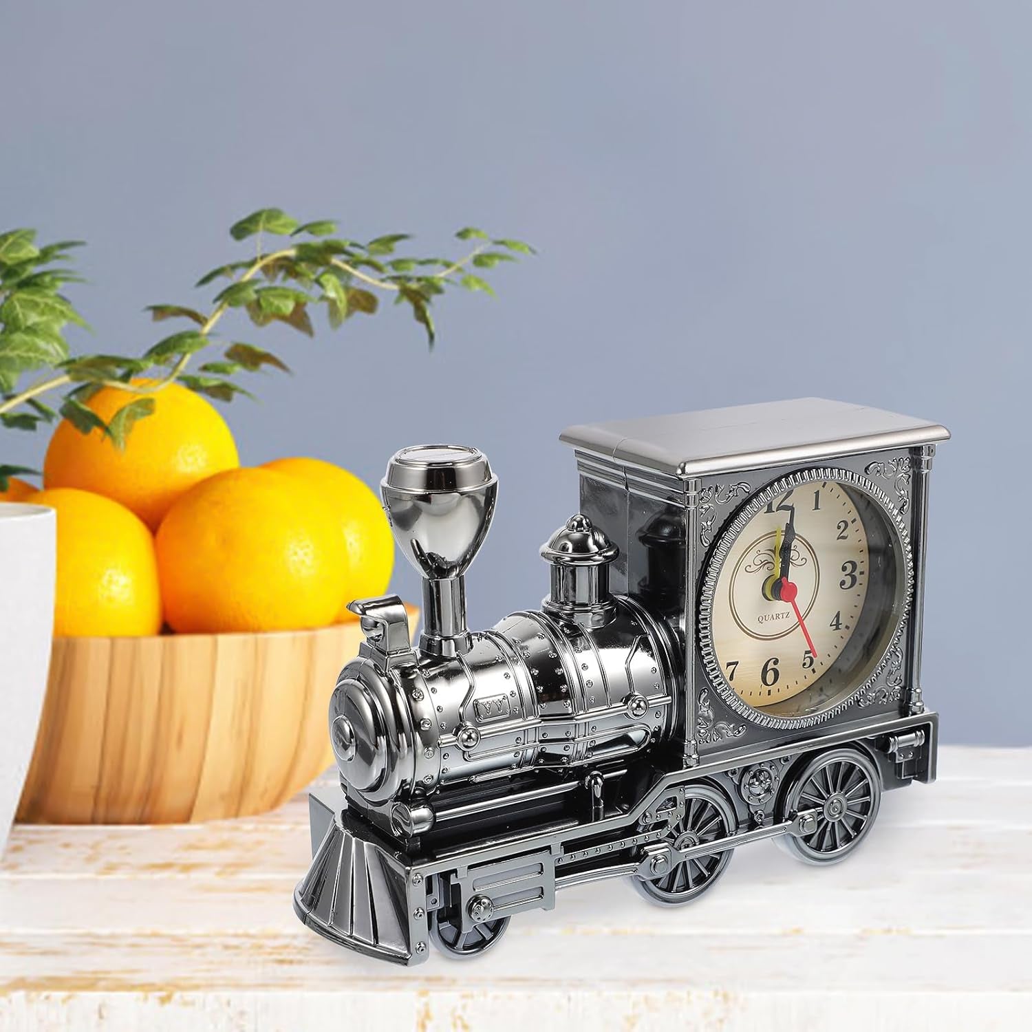 FAVOMOTO Grey Retro Train Clock - Stylish Steampunk Locomotive Table Decor for Home & Office (Battery Not Included)