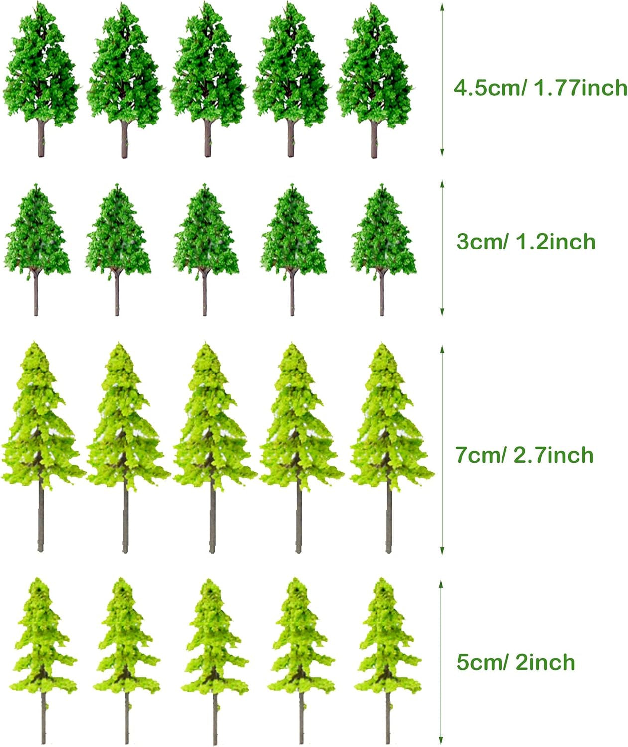 Cayway 44-Piece Colorful Model Trees Set (1.3-3.2 Inches) - Perfect for Train Scenery and Architectural Models, Base-Free DIY Craft Accessories