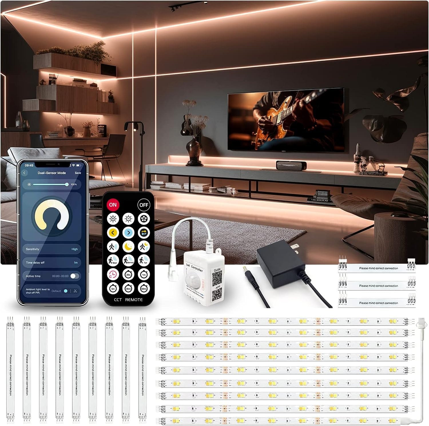 Phopollo 10-Piece Motion Sensor LED Strip Light Kit - 16.4 Ft Under Cabinet Lighting with App and RF Remote Control, Dimmable 2700K-6500K for Kitchen, Counter, and Shelf, Dusk to Dawn Night Light