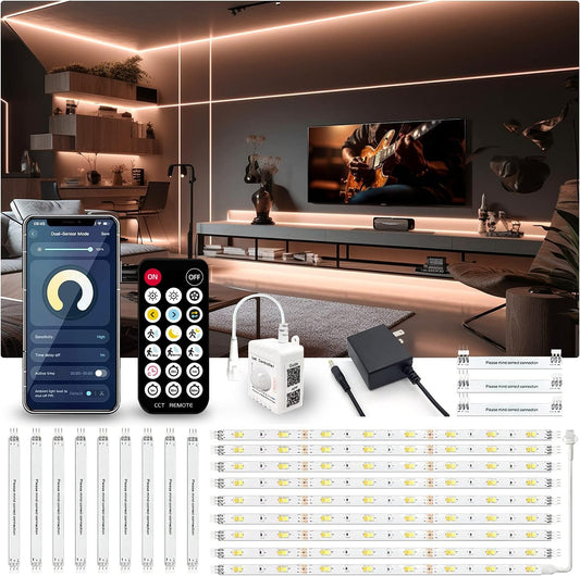 Phopollo 10-Piece Motion Sensor LED Strip Light Kit - 16.4 Ft Under Cabinet Lighting with App and RF Remote Control, Dimmable 2700K-6500K for Kitchen, Counter, and Shelf, Dusk to Dawn Night Light