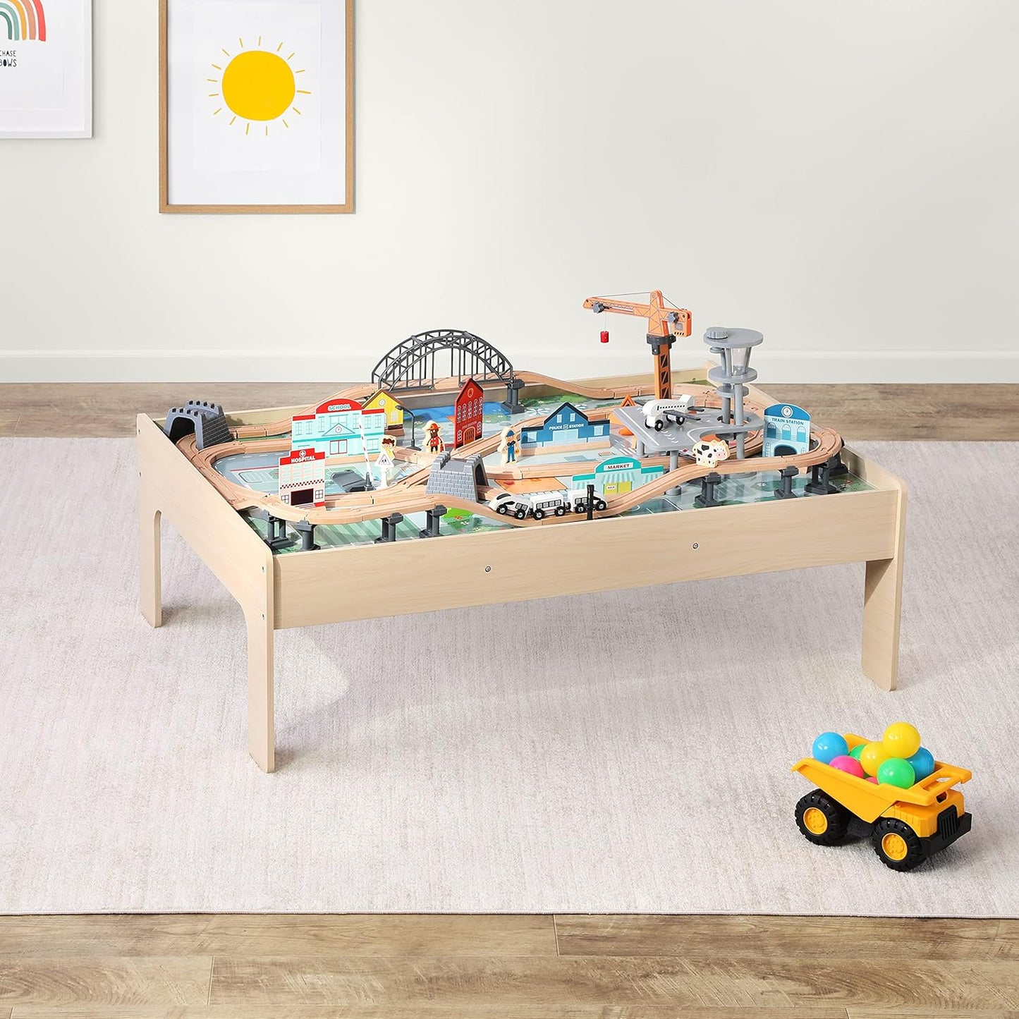 Amazon Basics 120-Piece Wooden Train Set with Table, Durable Tracks, and Storage Bin - Multi-Activity Gift for Children Ages 3 and Up, Dimensions: 48.62 x 18.07 x 7.01 Inches