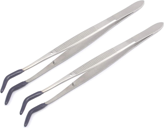 Premium Set of 2 Bent Tip Tweezers with Rubber Tips and PVC Coating for Jewelry and Crafting Applications