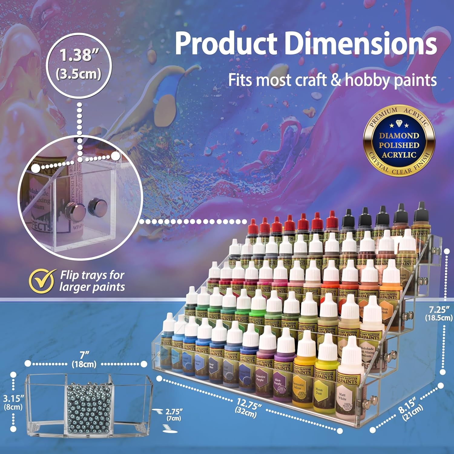 Professional Paint Organizer and Brush Holder Set - 6 Support Bead Options - Premium Crystal-Clear Acrylic with Diamond-Polish Finish - Ideal Miniature Paint Rack and Hobby Storage Solution