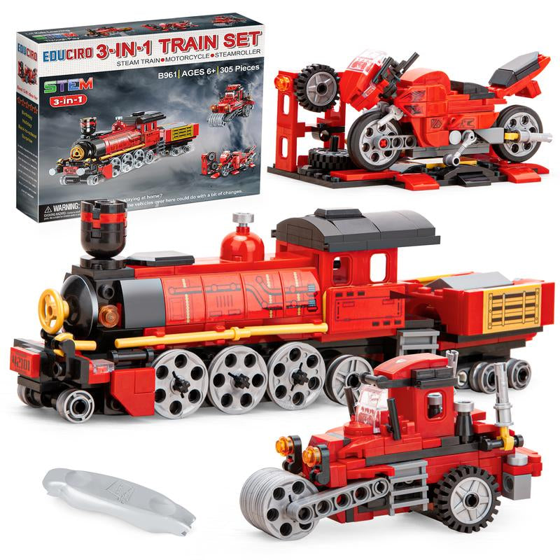 Educiro 3 in 1 Train Motorcycle Tractor Building Kit STEM Creative Toys Gifts for Kids Building Toys