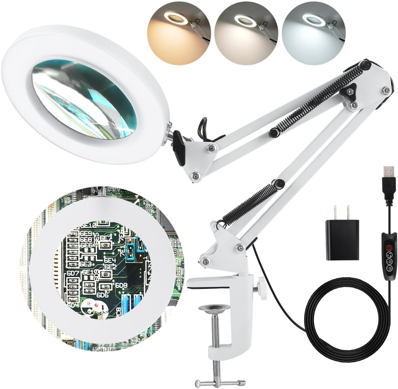 LANCOSC 10X LED Magnifying Glass with Adjustable Stand - Premium Glass Lens, Three Color Modes, and Stepless Dimming for Enhanced Crafting, Reading, and Repair - White