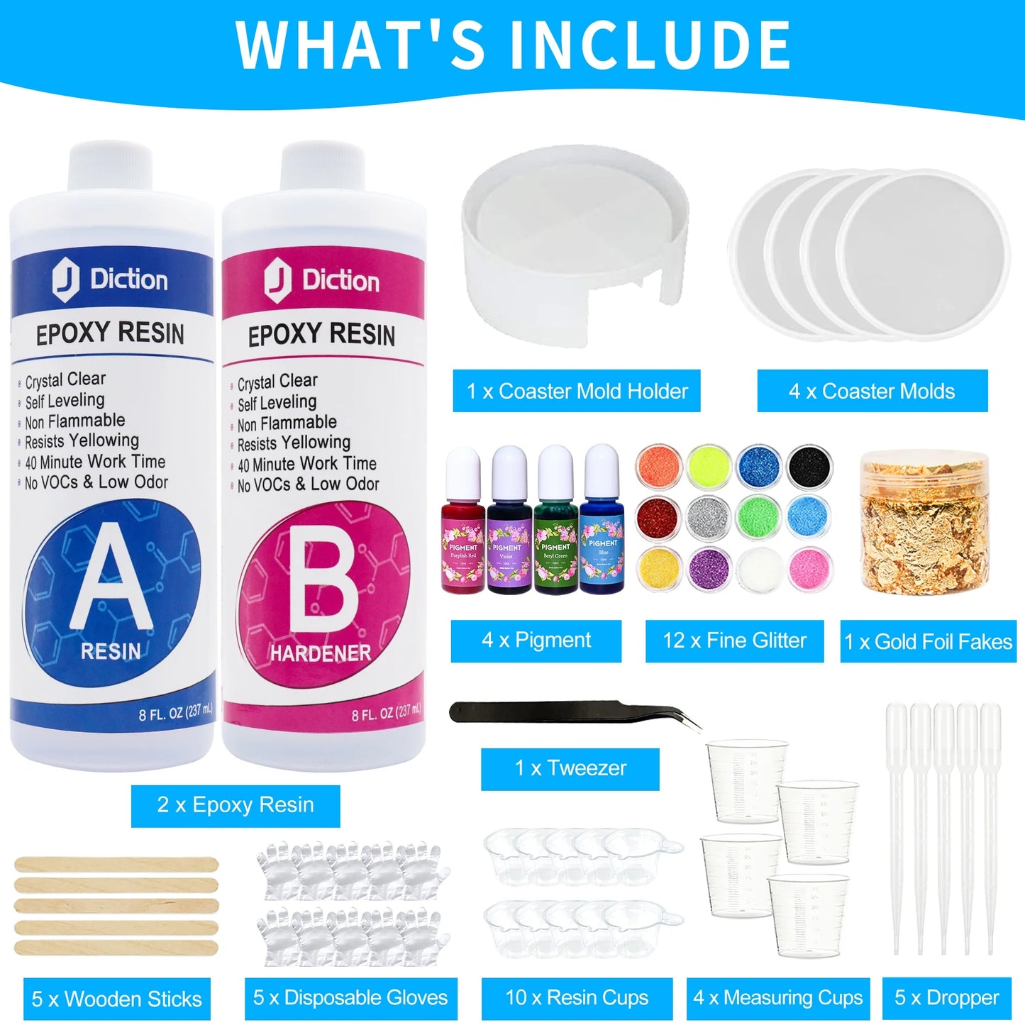Ultimate 16Oz Epoxy Resin Kit for Art Enhancement - Includes Coaster Molds, Vibrant Pigments, Sparkling Glitter, and Gold Flakes
