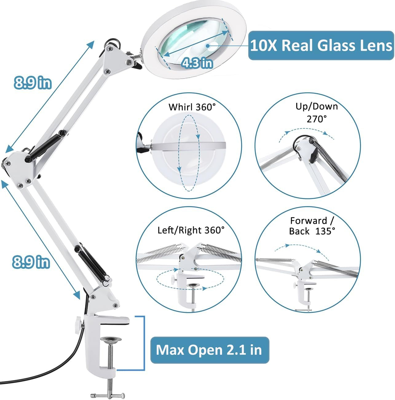 LANCOSC 10X LED Magnifying Glass with Adjustable Stand - Premium Glass Lens, Three Color Modes, and Stepless Dimming for Enhanced Crafting, Reading, and Repair - White