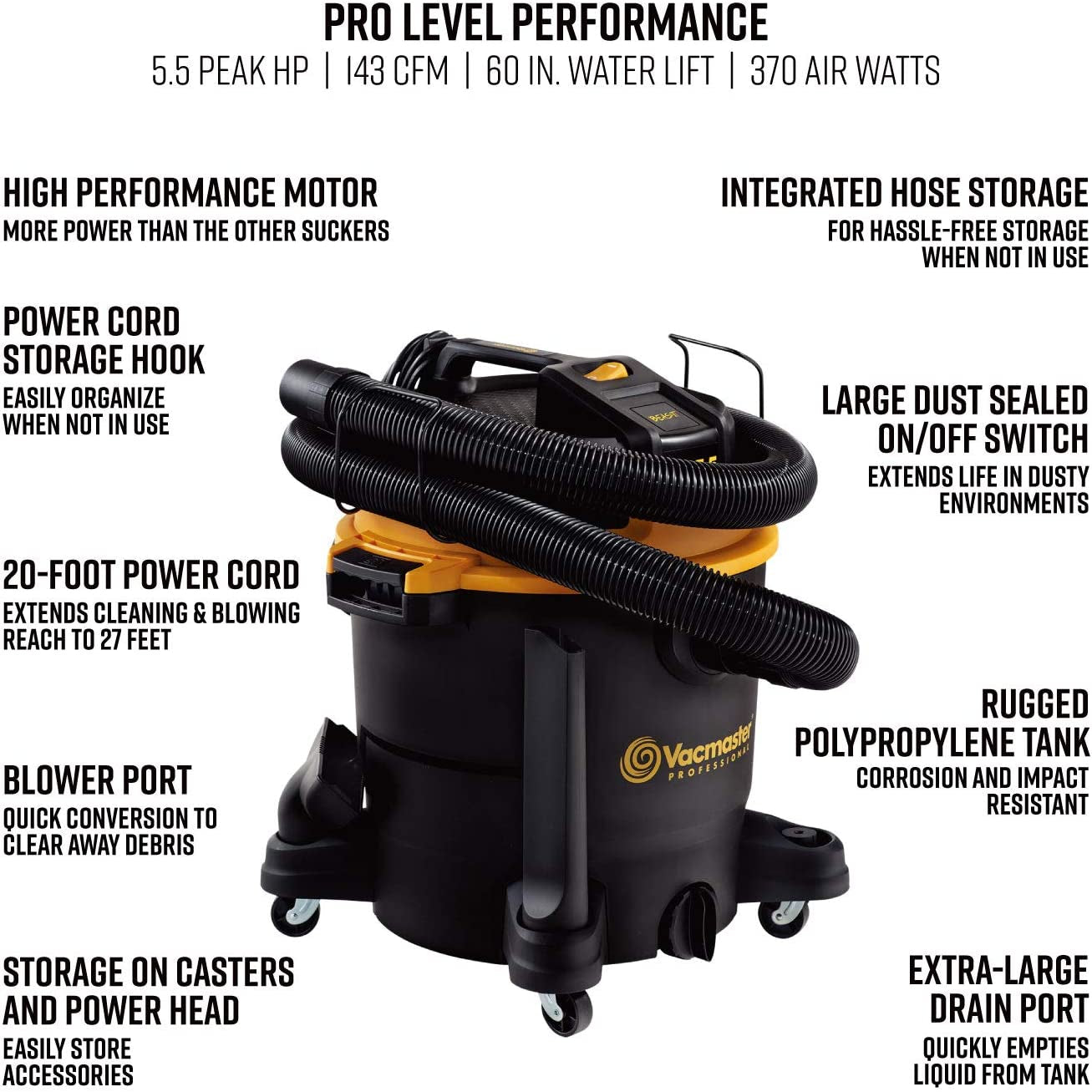 Vacmaster Professional Beast Series Wet/Dry Vacuum, 12 Gallon Capacity, 5.5 HP with 2-1/2" Hose, Black
