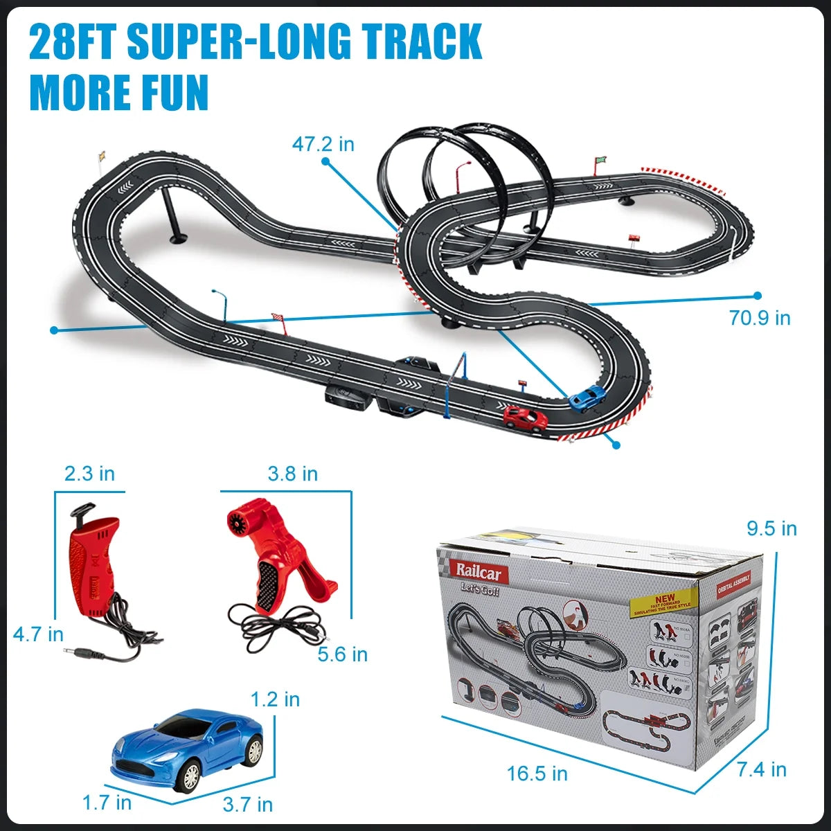 28-Foot Dual Slot Car Racing Track Set with 4 High-Speed Cars, Electric and Manual Controllers, Overpass Design for Children Ages 4-12