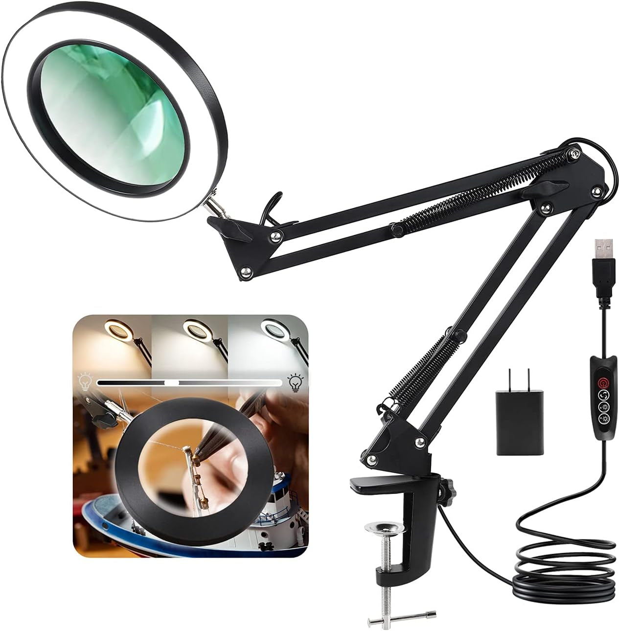 LANCOSC 10X LED Magnifying Glass with Adjustable Stand - Premium Glass Lens, Three Color Modes, and Stepless Dimming for Enhanced Crafting, Reading, and Repair - White