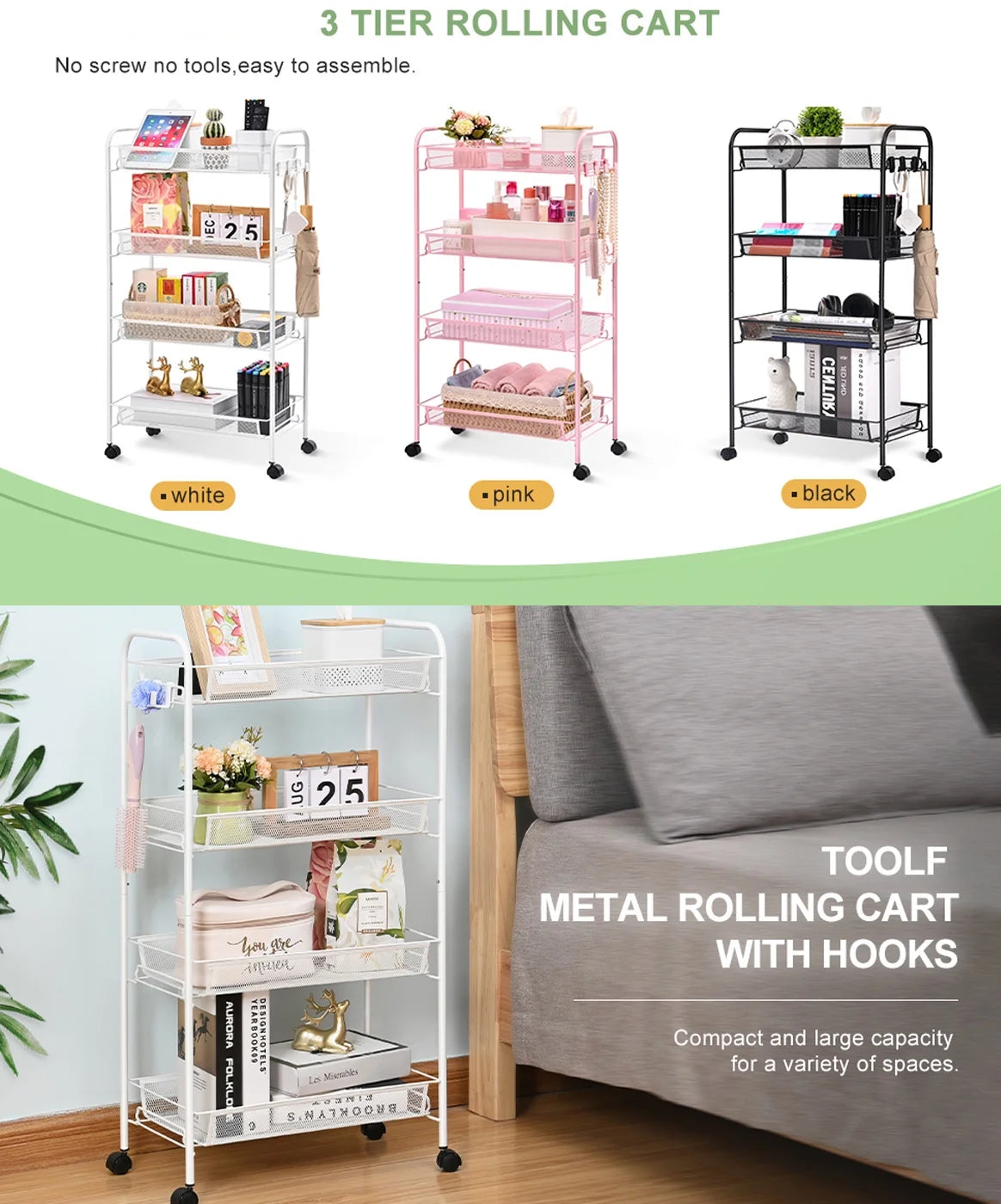 4-Tier Metal Rolling Cart with Wheels - Versatile Storage Solution for Office and Educational Environments - Elegant Black Finish