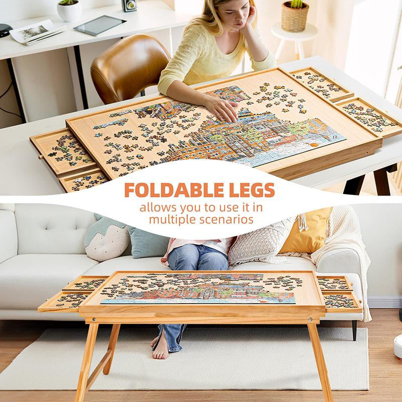 TEAKMAMA 1500-Piece Wooden Jigsaw Puzzle Table with Legs, 4 Drawers & Protective Cover - Portable 34” x 26.3” Folding Puzzle Board for Adults