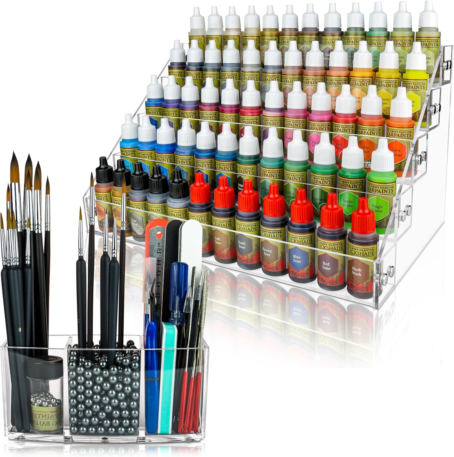 Professional Paint Organizer and Brush Holder Set - 6 Support Bead Options - Premium Crystal-Clear Acrylic with Diamond-Polish Finish - Ideal Miniature Paint Rack and Hobby Storage Solution