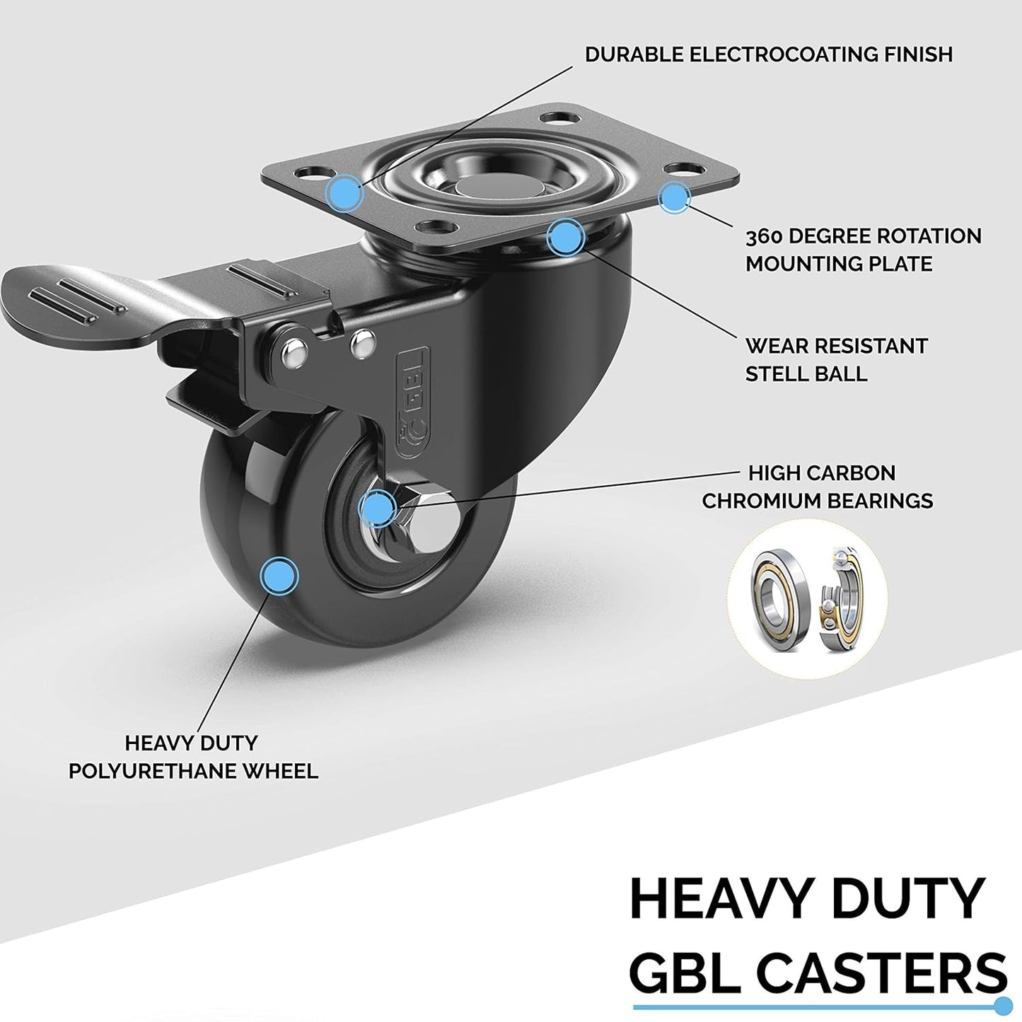 GBL 2-Inch Heavy-Duty Caster Wheels with Dual Brakes and Screws - Supports Up to 440 lbs - Set of 4 Silent Rubber Trolley Wheels for Furniture - Black Finish