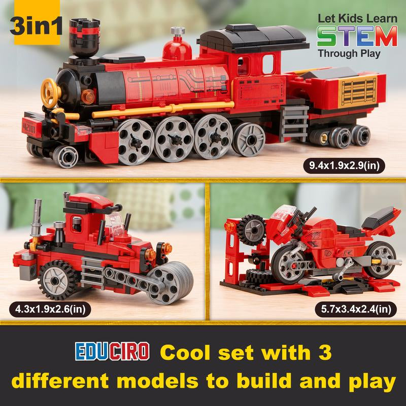 Educiro 3 in 1 Train Motorcycle Tractor Building Kit STEM Creative Toys Gifts for Kids Building Toys