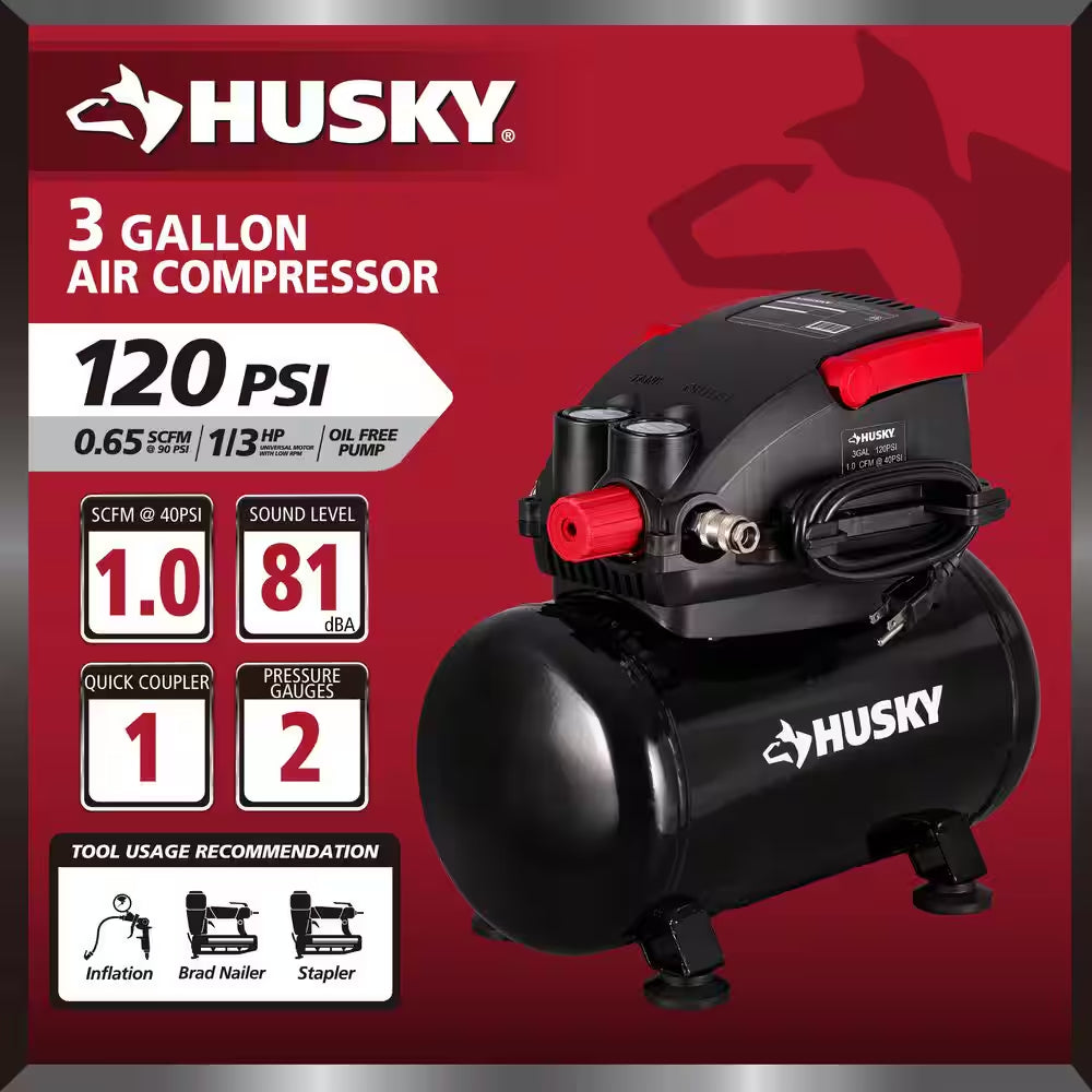 Compact 3-Gallon 120 PSI Oil-Free Hotdog Air Compressor with Foldable Handle and Quick Coupler