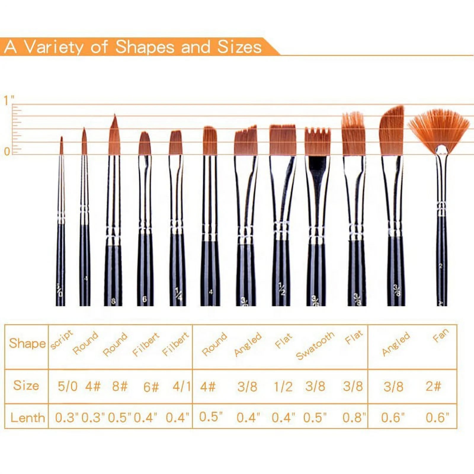 12-Piece Round Pointed Tip Nylon Hair Paint Brush Set for Acrylic, Watercolor, and Oil Painting - Ideal for Professional Artists