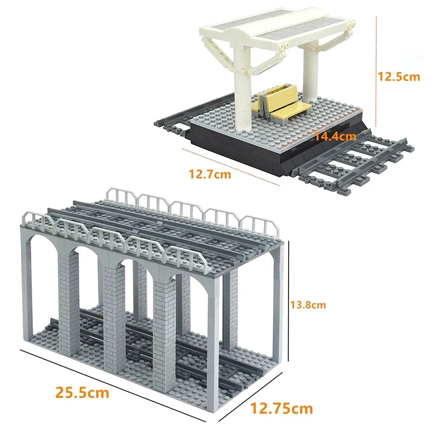 City Train Tracks & Station Building Blocks Set - Mini Signs, Signal Lights, Straight & Curved Rails for Creative Railway Models