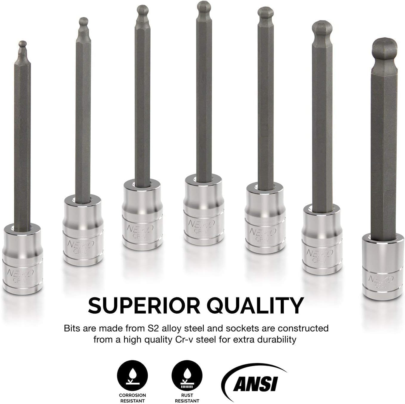 Neiko 10072A 3/8-Inch Drive Extra Long Allen Hex Bit Socket Set, SAE Sizes 1/8-Inch to 3/8-Inch, 7-Piece, Made from S2 and Cr-V Steel