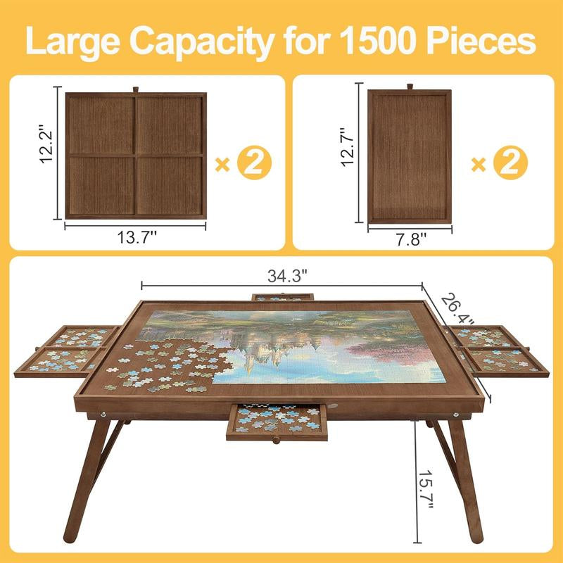 TEAKMAMA 1500-Piece Wooden Jigsaw Puzzle Table with Legs, 4 Drawers & Protective Cover - Portable 34” x 26.3” Folding Puzzle Board for Adults