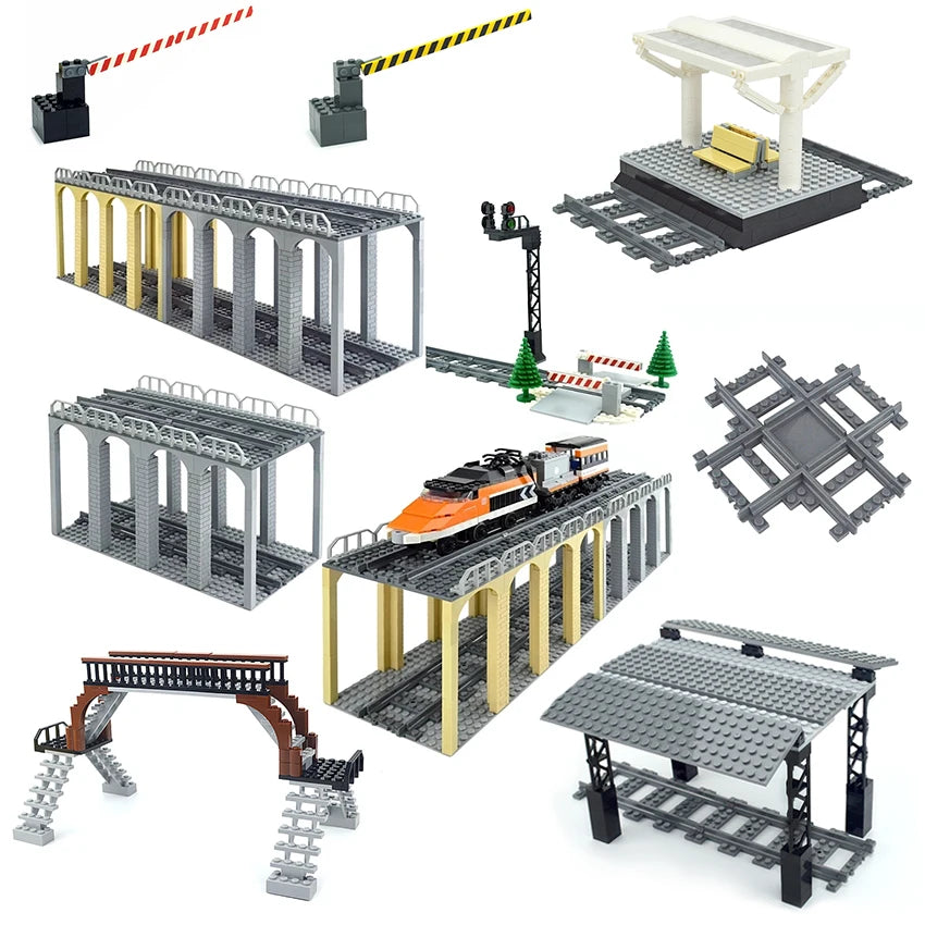 City Train Tracks & Station Building Blocks Set - Mini Signs, Signal Lights, Straight & Curved Rails for Creative Railway Models