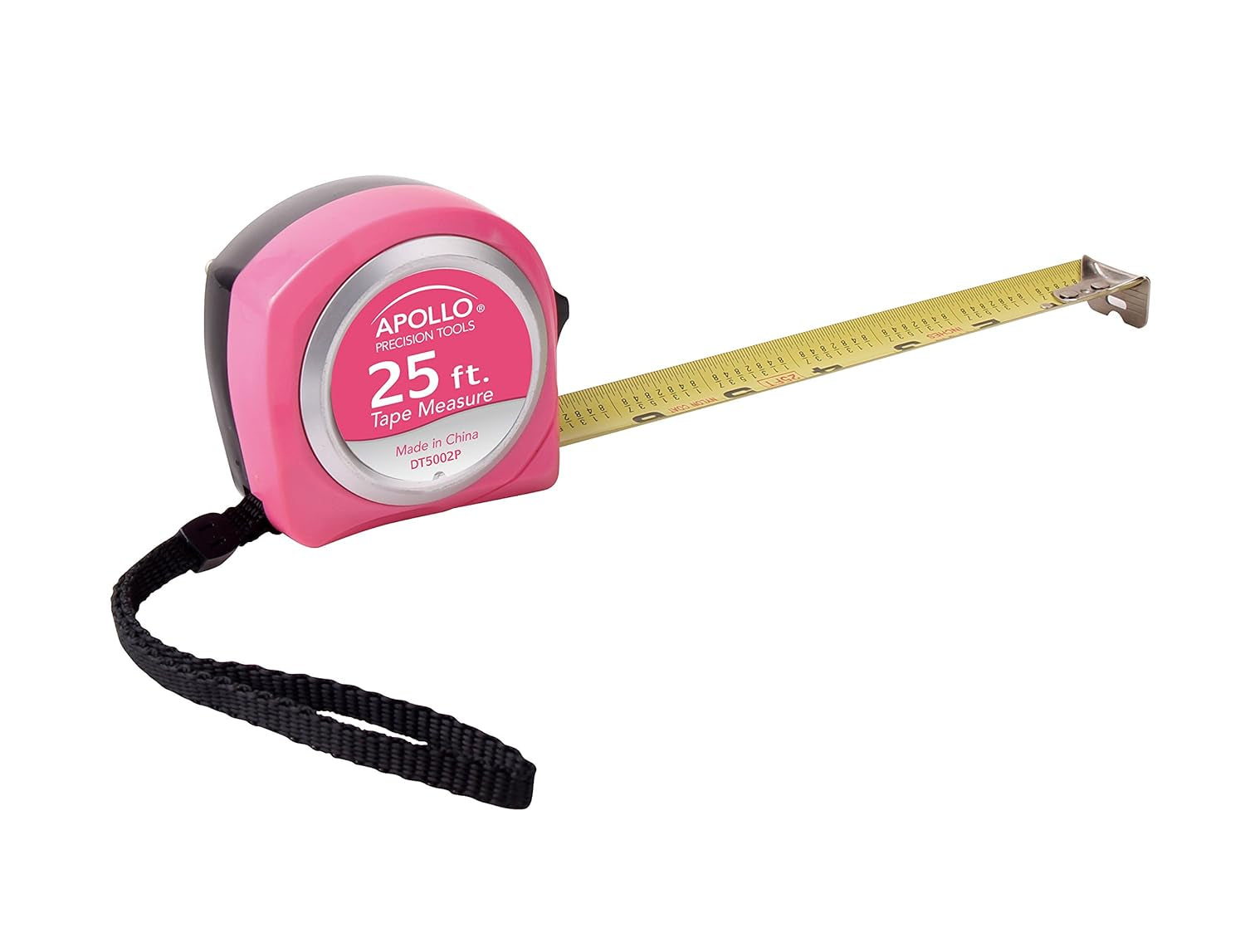 Apollo Tools 25-Foot Measuring Tape with Retractable Blade, Fraction Markings, 1-Inch Nylon Blade, 8-Foot Standout, Lock Button, and Belt Clip - Black - Model DT5002
