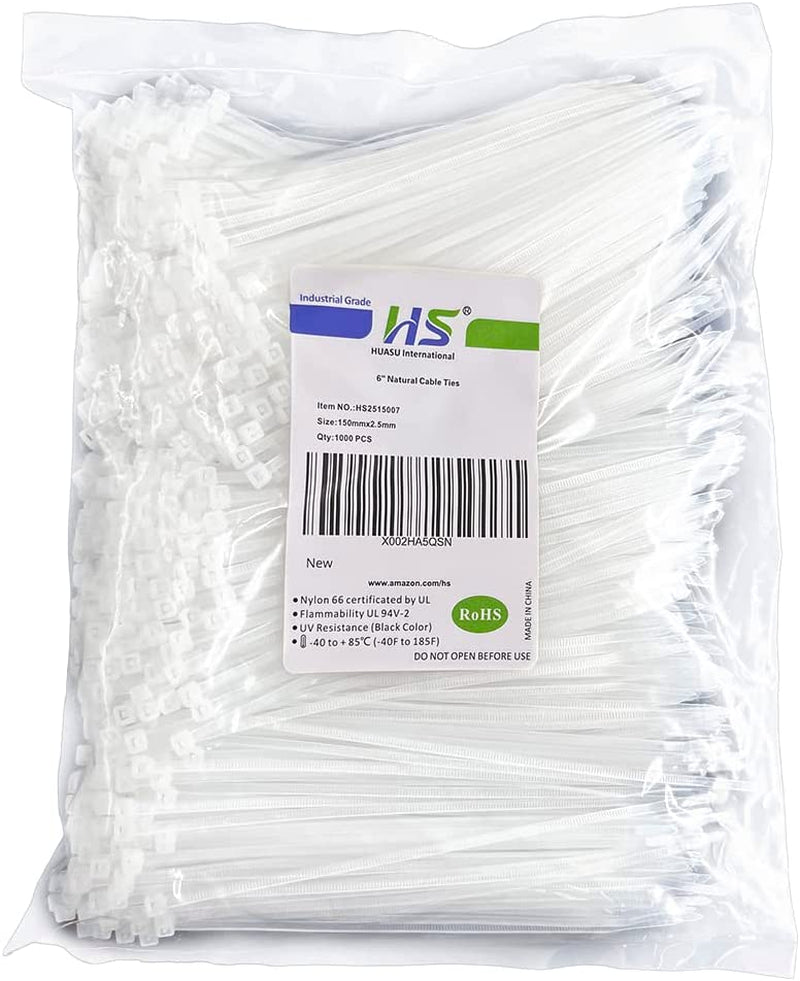 HS 10-Inch White Nylon Cable Ties, 50 lbs Strength, Medium Clear Straps for Bike, Car, and Cord Management - 100 Pack