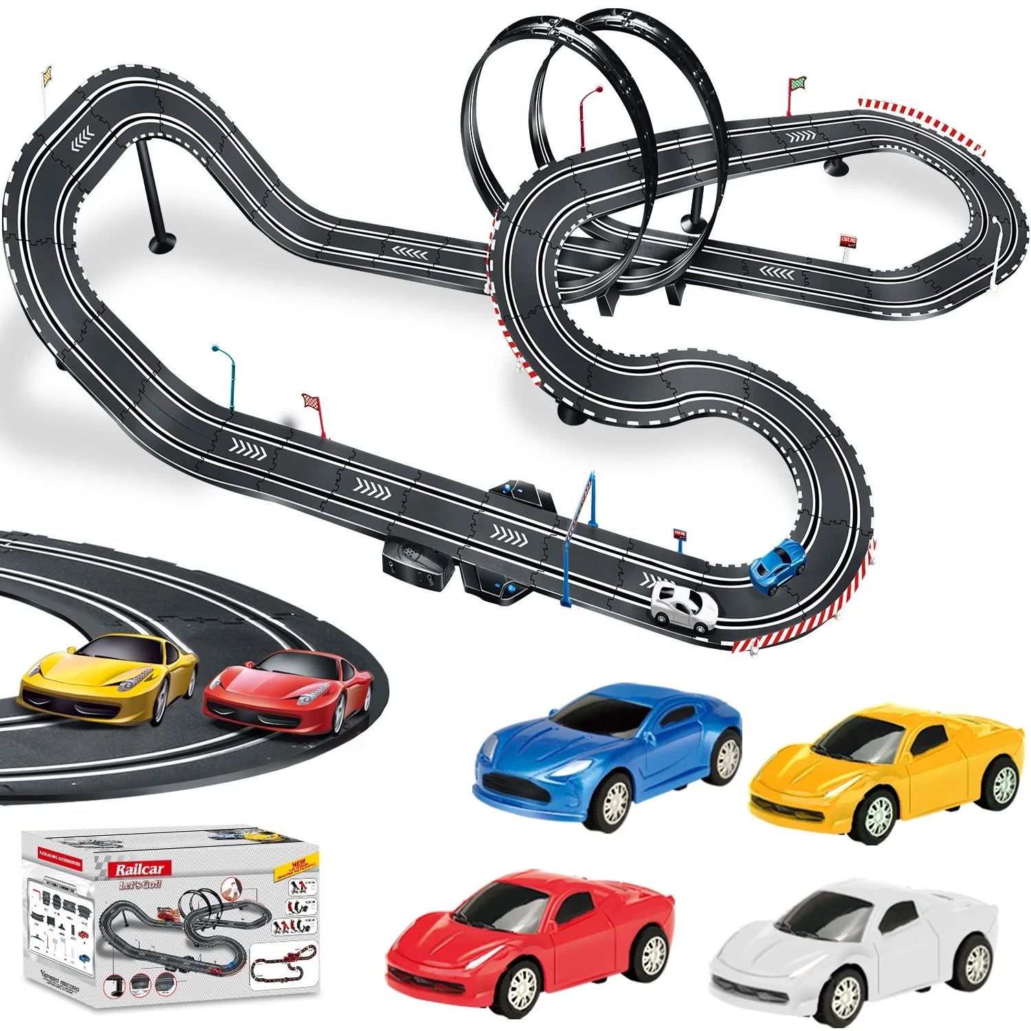 28-Foot Dual Slot Car Racing Track Set with 4 High-Speed Cars, Electric and Manual Controllers, Overpass Design for Children Ages 4-12