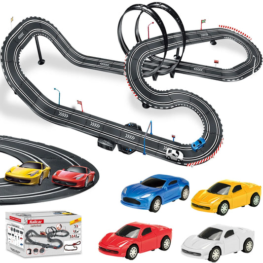 28-Foot Dual Slot Car Racing Track Set with 4 High-Speed Cars, Electric and Manual Controllers, Overpass Design for Children Ages 4-12