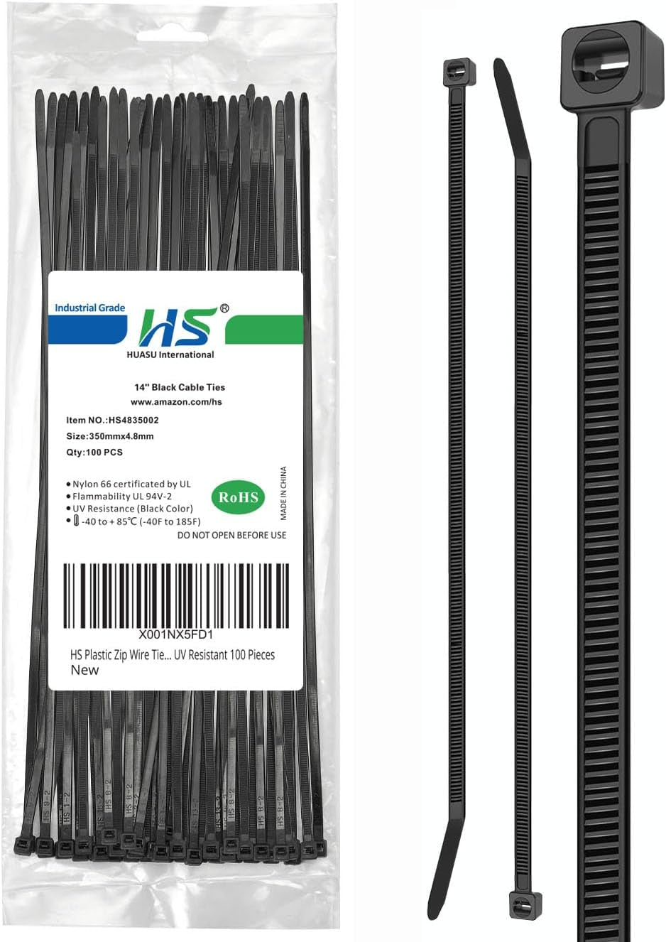 HS 10-Inch White Nylon Cable Ties, 50 lbs Strength, Medium Clear Straps for Bike, Car, and Cord Management - 100 Pack
