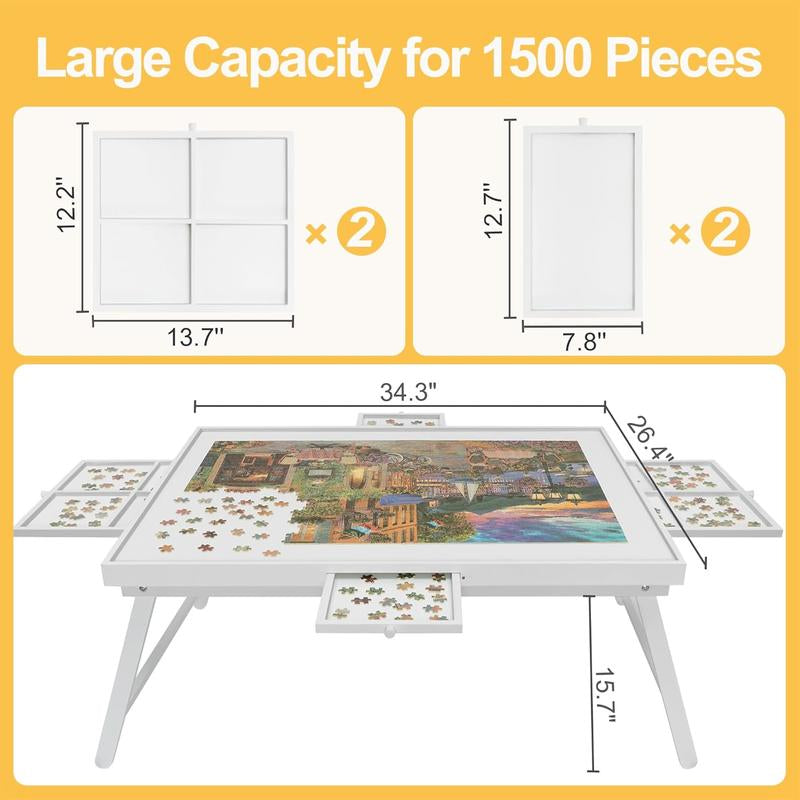 TEAKMAMA 1500-Piece Wooden Jigsaw Puzzle Table with Legs, 4 Drawers & Protective Cover - Portable 34” x 26.3” Folding Puzzle Board for Adults