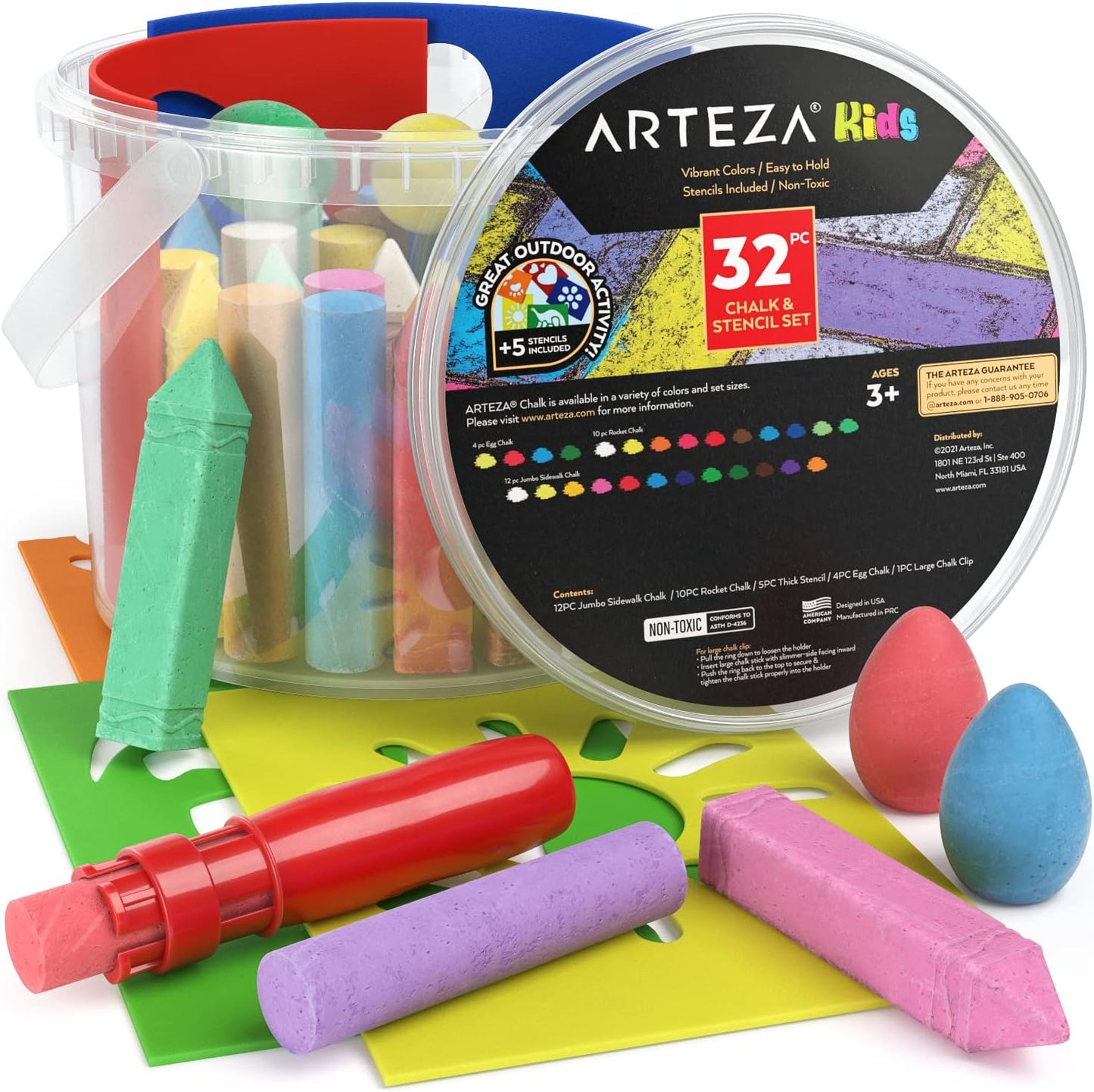 Arteza 36-Piece Washable Sidewalk Chalk Set for Children – Ergonomic Design with Game Guide Included