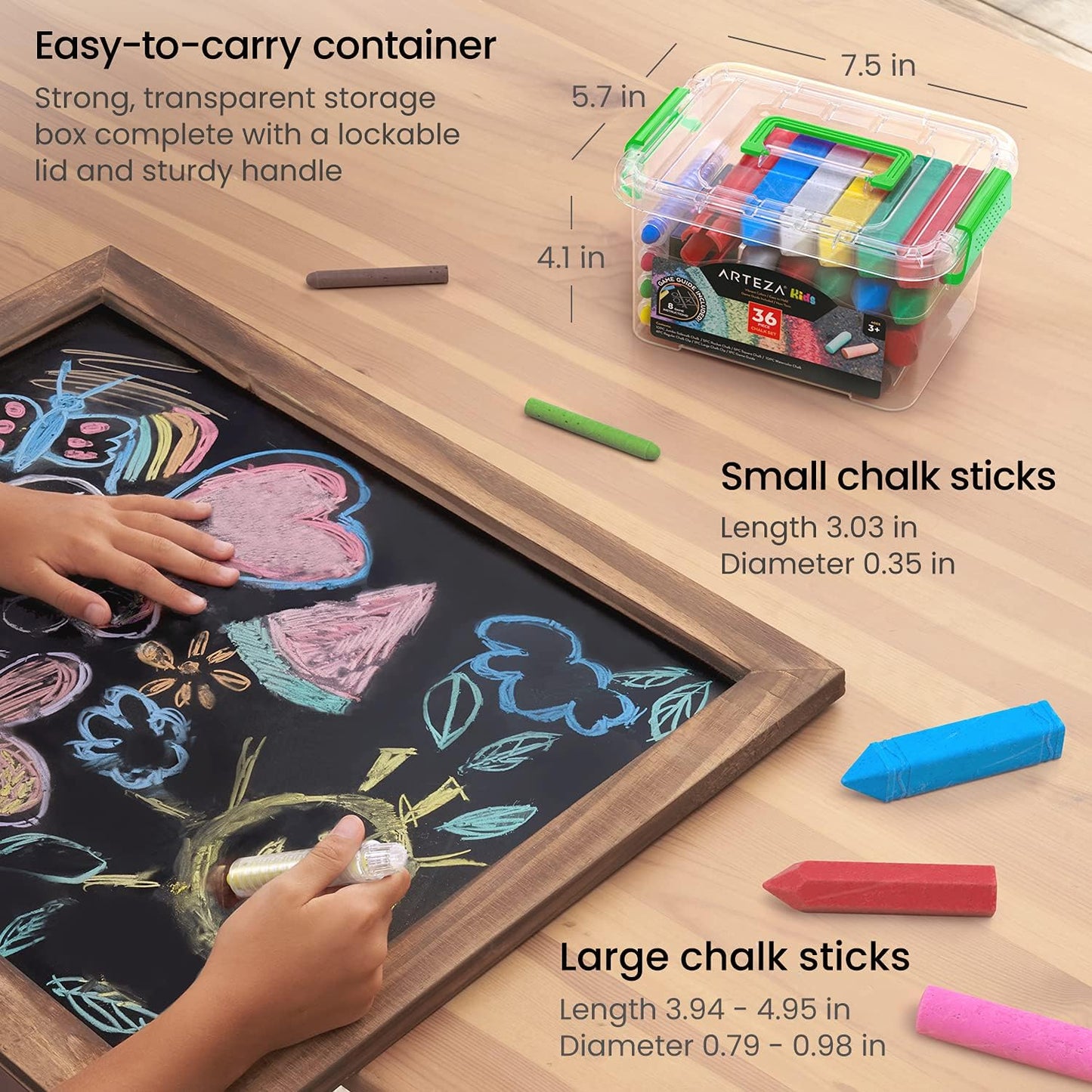 Arteza 36-Piece Washable Sidewalk Chalk Set for Children – Ergonomic Design with Game Guide Included