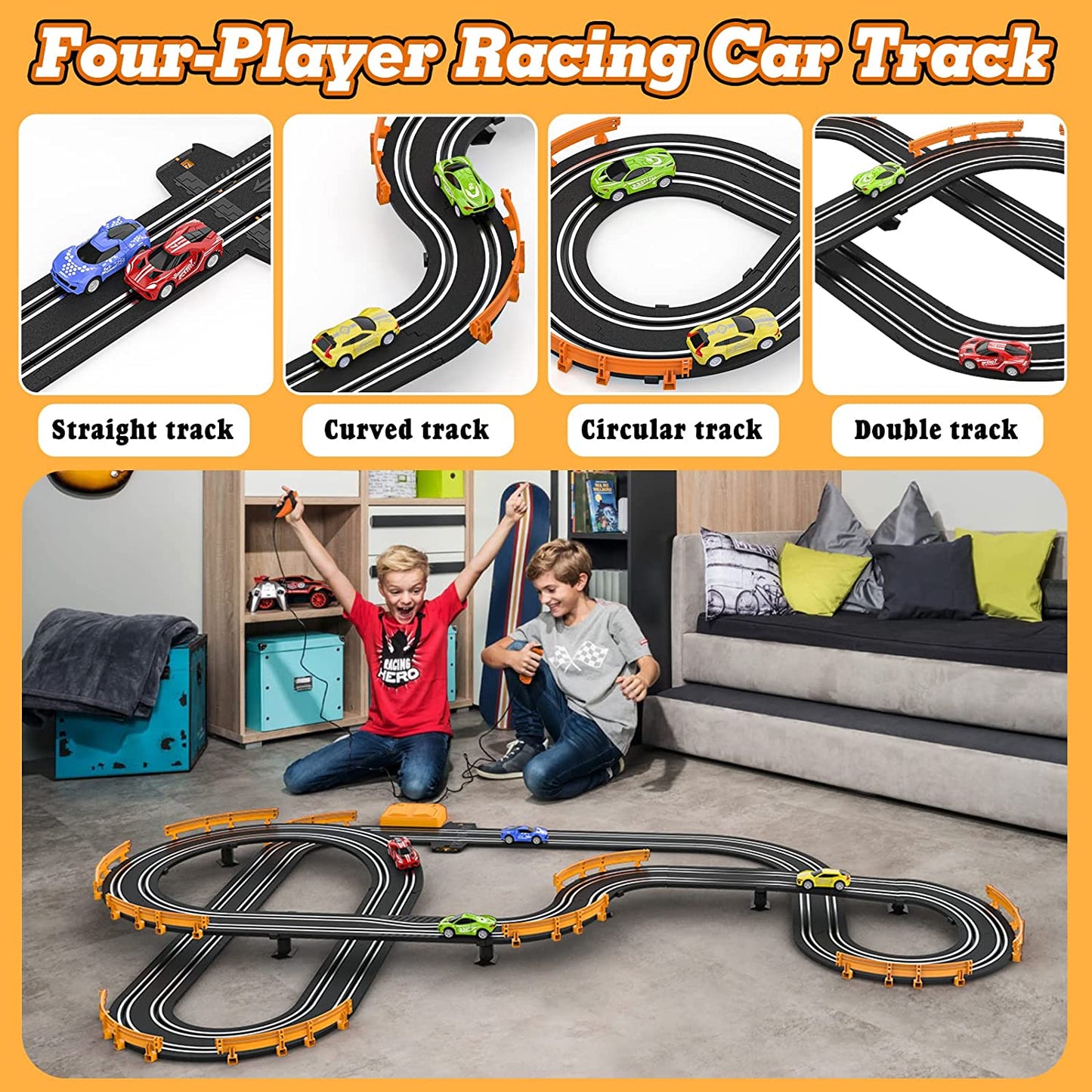 Premium Slot Car Racing Track Set - Enjoy Exciting Competitions with Four High-Speed Cars and Dual Power Options