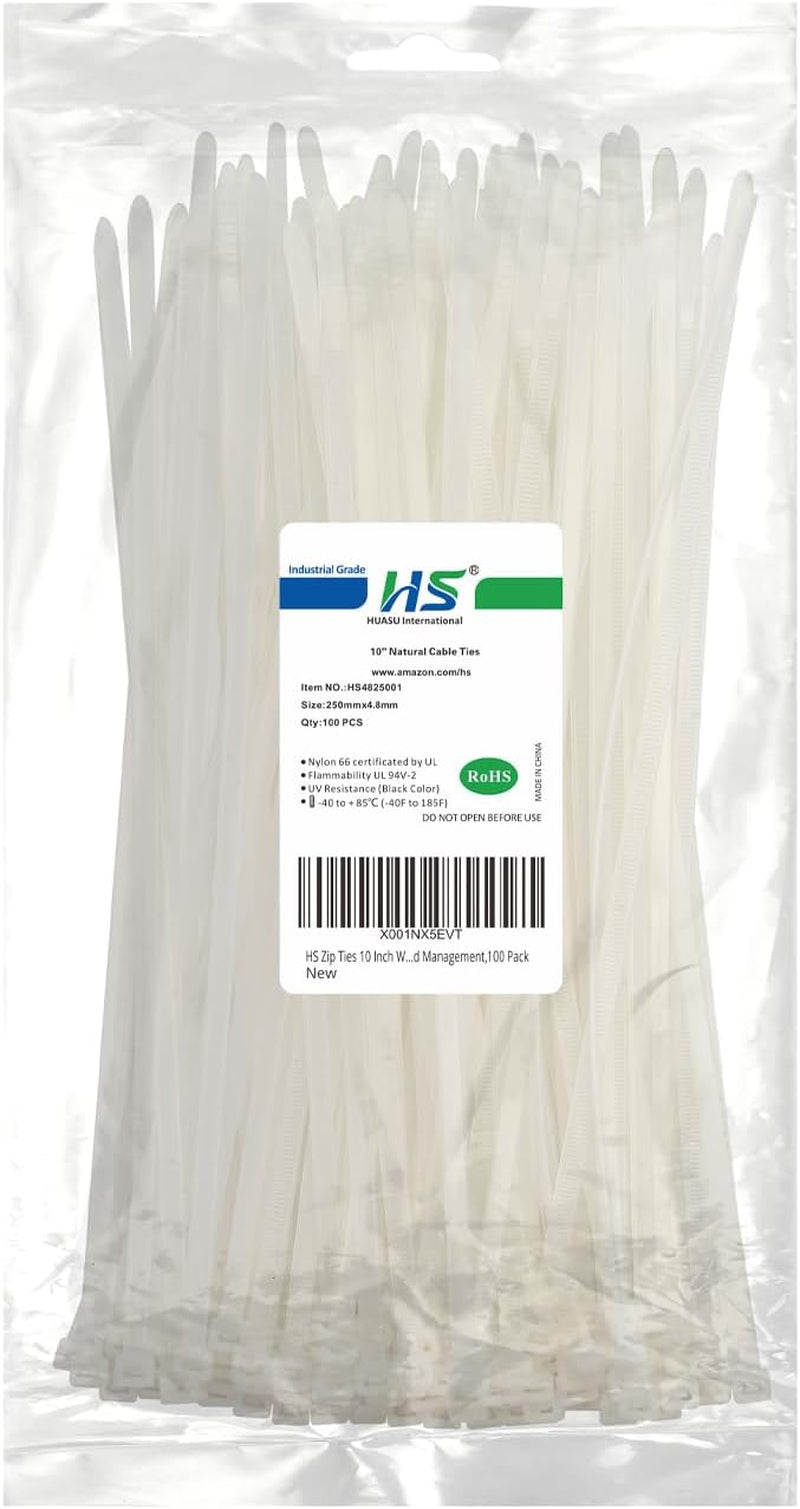 HS 10-Inch White Nylon Cable Ties, 50 lbs Strength, Medium Clear Straps for Bike, Car, and Cord Management - 100 Pack