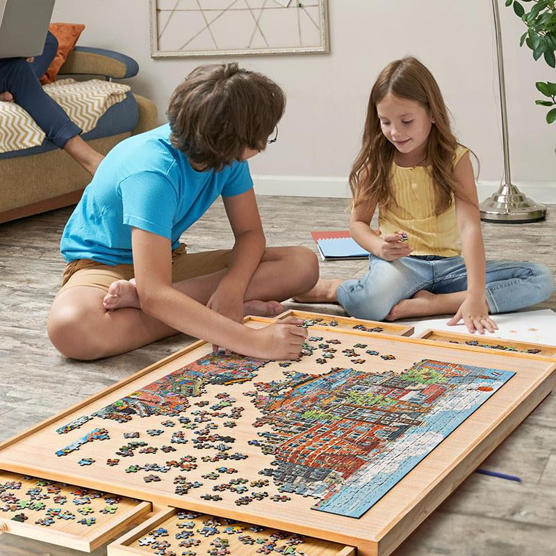 TEAKMAMA 1500-Piece Wooden Jigsaw Puzzle Table with Legs, 4 Drawers & Protective Cover - Portable 34” x 26.3” Folding Puzzle Board for Adults