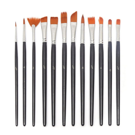 12-Piece Round Pointed Tip Nylon Hair Paint Brush Set for Acrylic, Watercolor, and Oil Painting - Ideal for Professional Artists