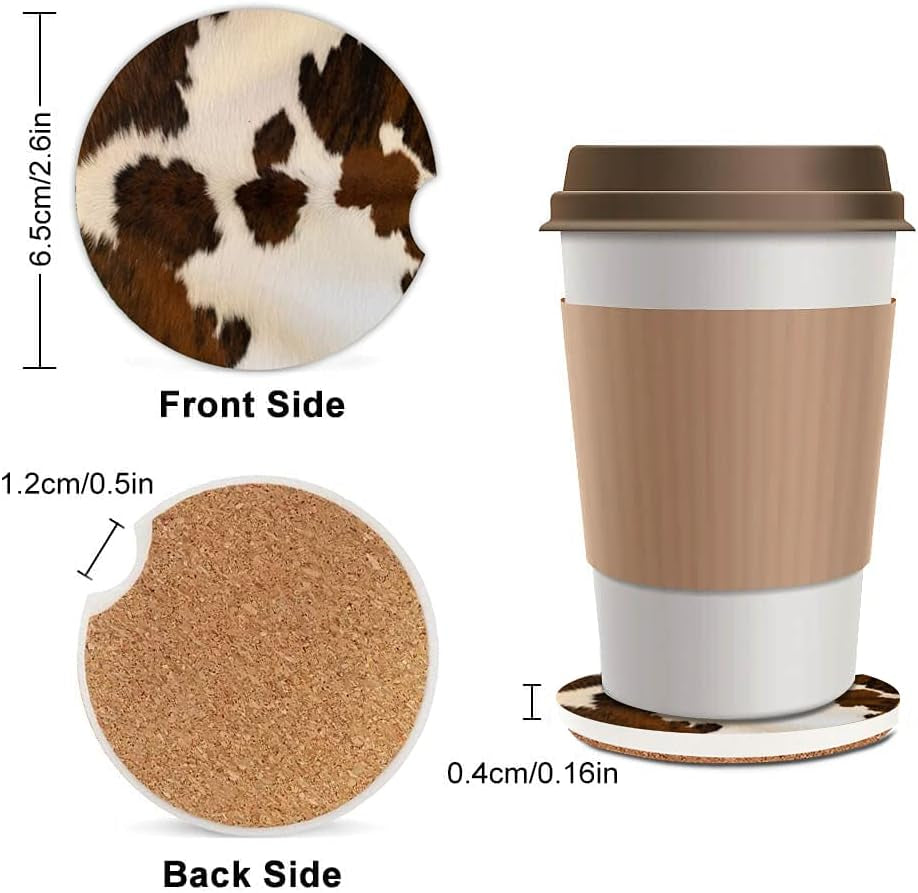 Absorbent Cowhide Car Coasters - Set of 2, Ceramic Stone Drink Holders with Finger Notch and Farm Animal Print Design