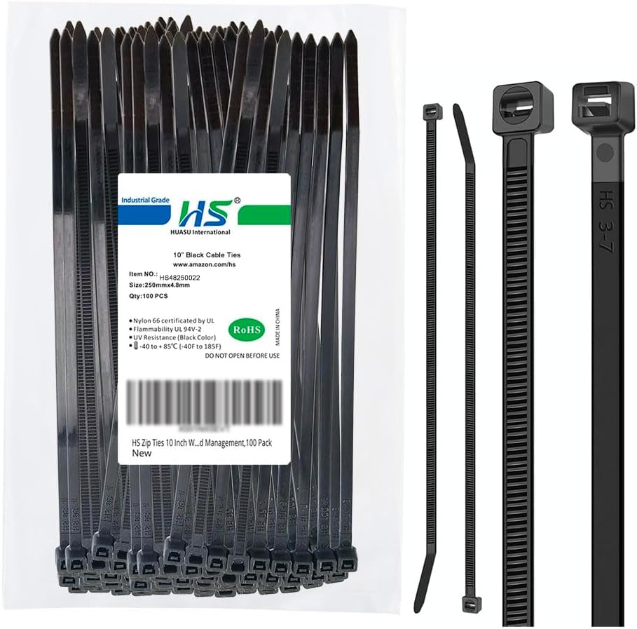 HS 10-Inch White Nylon Cable Ties, 50 lbs Strength, Medium Clear Straps for Bike, Car, and Cord Management - 100 Pack